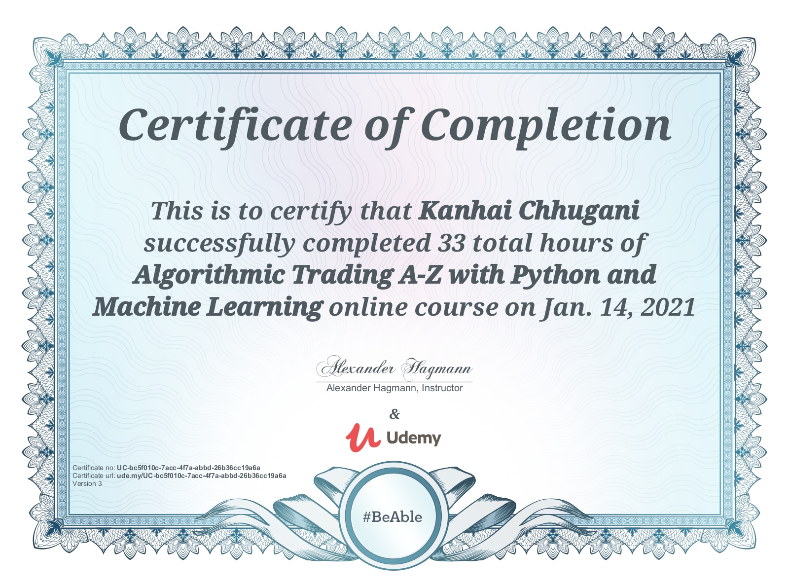 Udemy Certificate for Algorithmic Trading A-Z with Python, Machine Learning & AWS