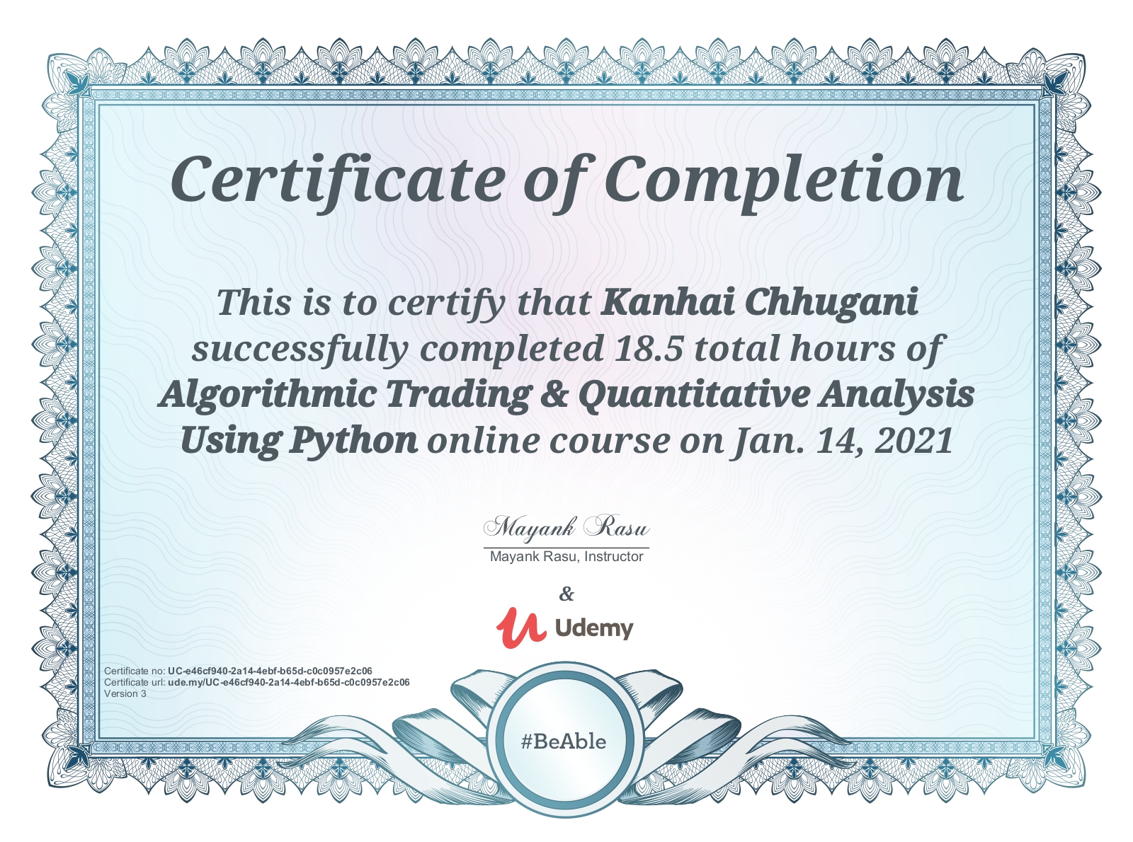 Udemy Certificate for Algorithmic Trading & Quantitative Analysis Using Python